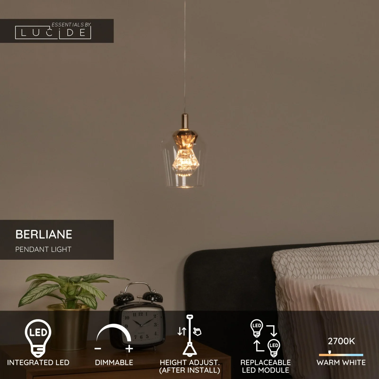 Lucide BERLIANE - Zu00e1vesnu00e9 svetlo - u00d8 12 cm - LED tlmenu00e9 - 1x4W 2700K - s vymeniteu013enu00fdm LED modulom - Transparant | Essential