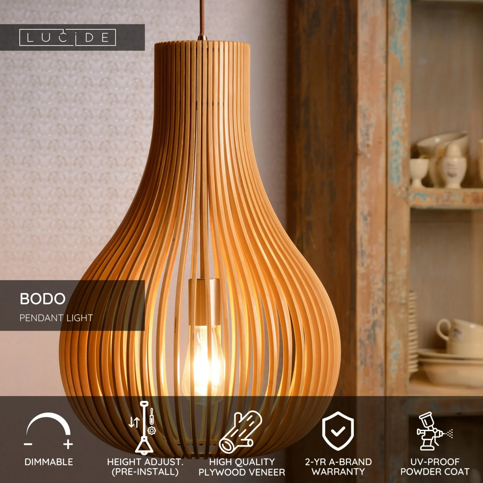 Lucide BODO - Zu00e1vesnu00e9 svetlo - u00d8 38 cm - 1xE27 - Svetlu00fd drevenu00fd vzhu013ead