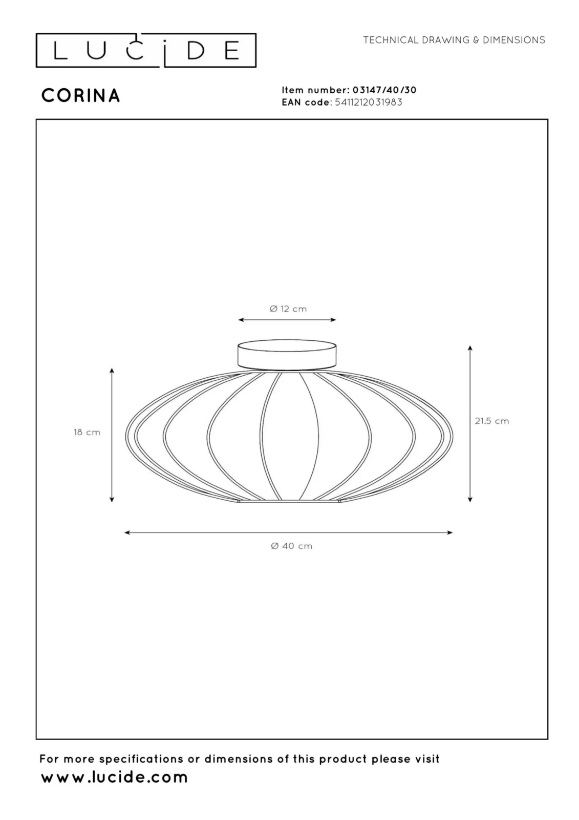 Lucide CORINA - Zapustenu00e9 stropnu00e9 svetlo - u00d8 40 cm - 1xE27 - u010dierne