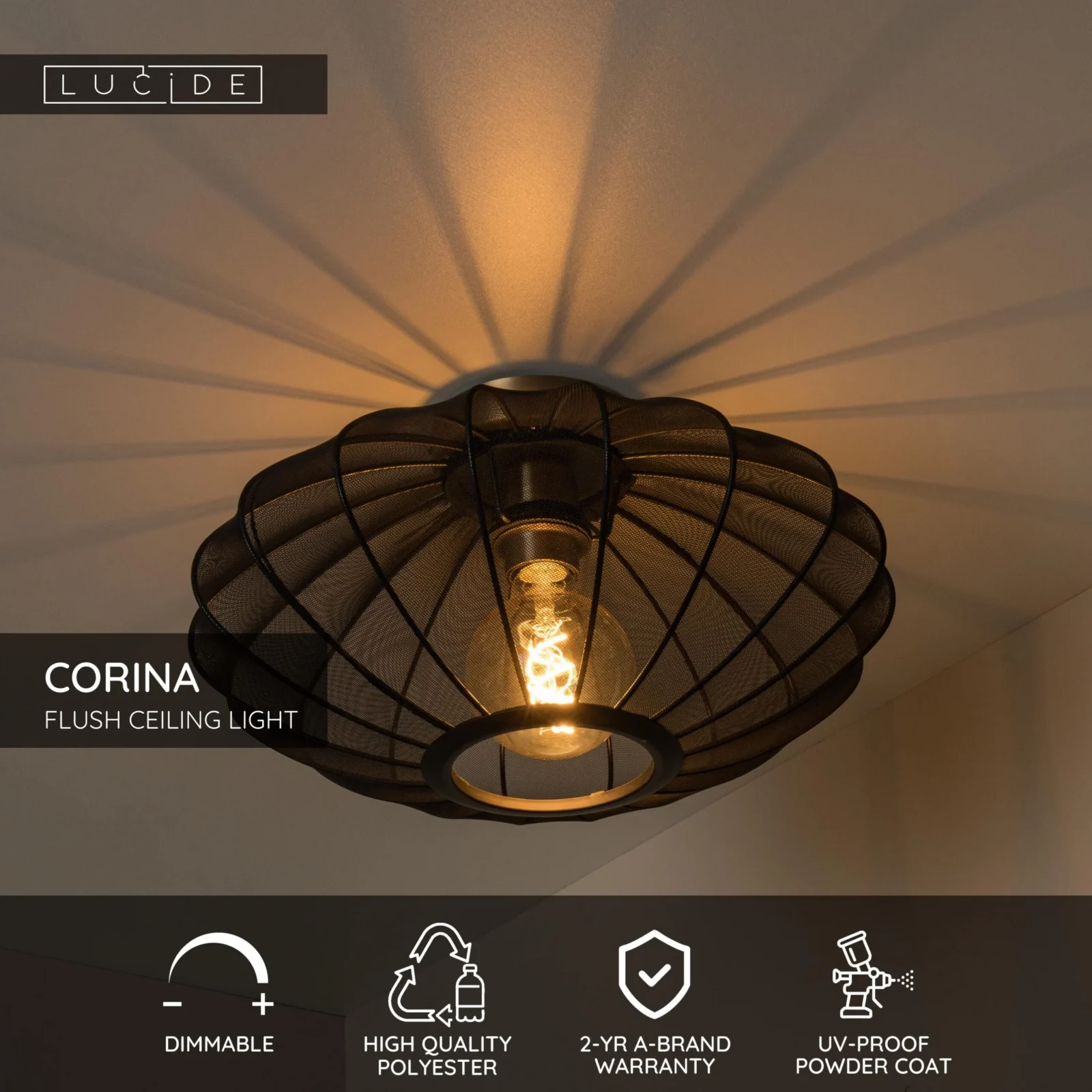 Lucide CORINA - Zapustenu00e9 stropnu00e9 svetlo - u00d8 40 cm - 1xE27 - u010dierne