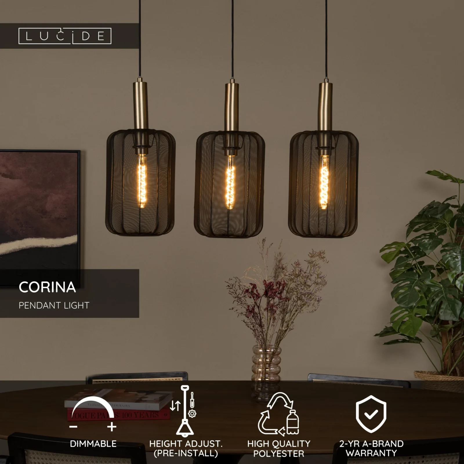 Lucide CORINA - Zu00e1vesnu00e9 svetlo - 3xE27 - u010cierne