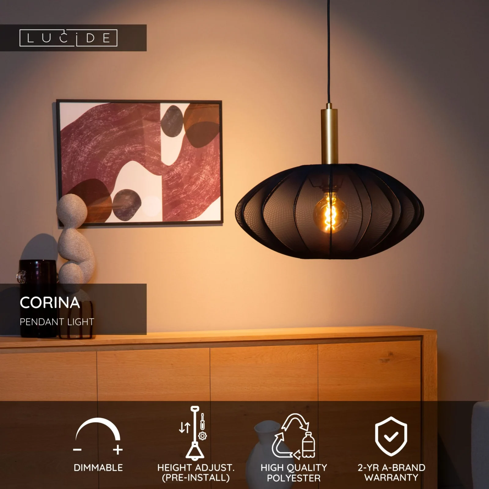 Lucide CORINA - Zu00e1vesnu00e9 svetlo - u00d8 50 cm - 1xE27 - u010dierne
