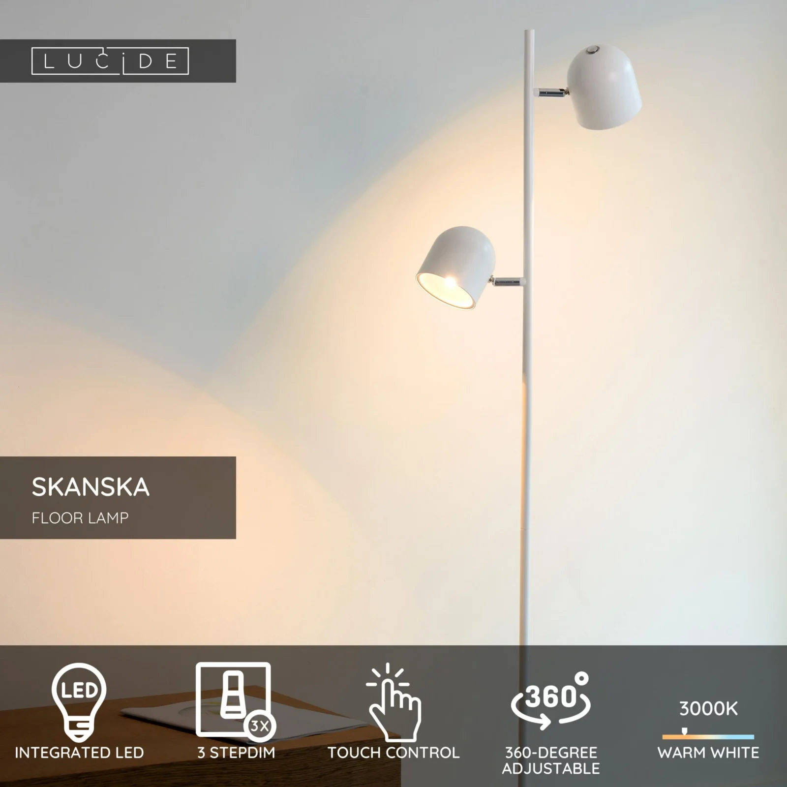Lucide SKANSKA - Stojacia lampa - LED 3 StepDim - 2x5W 3000K - biela