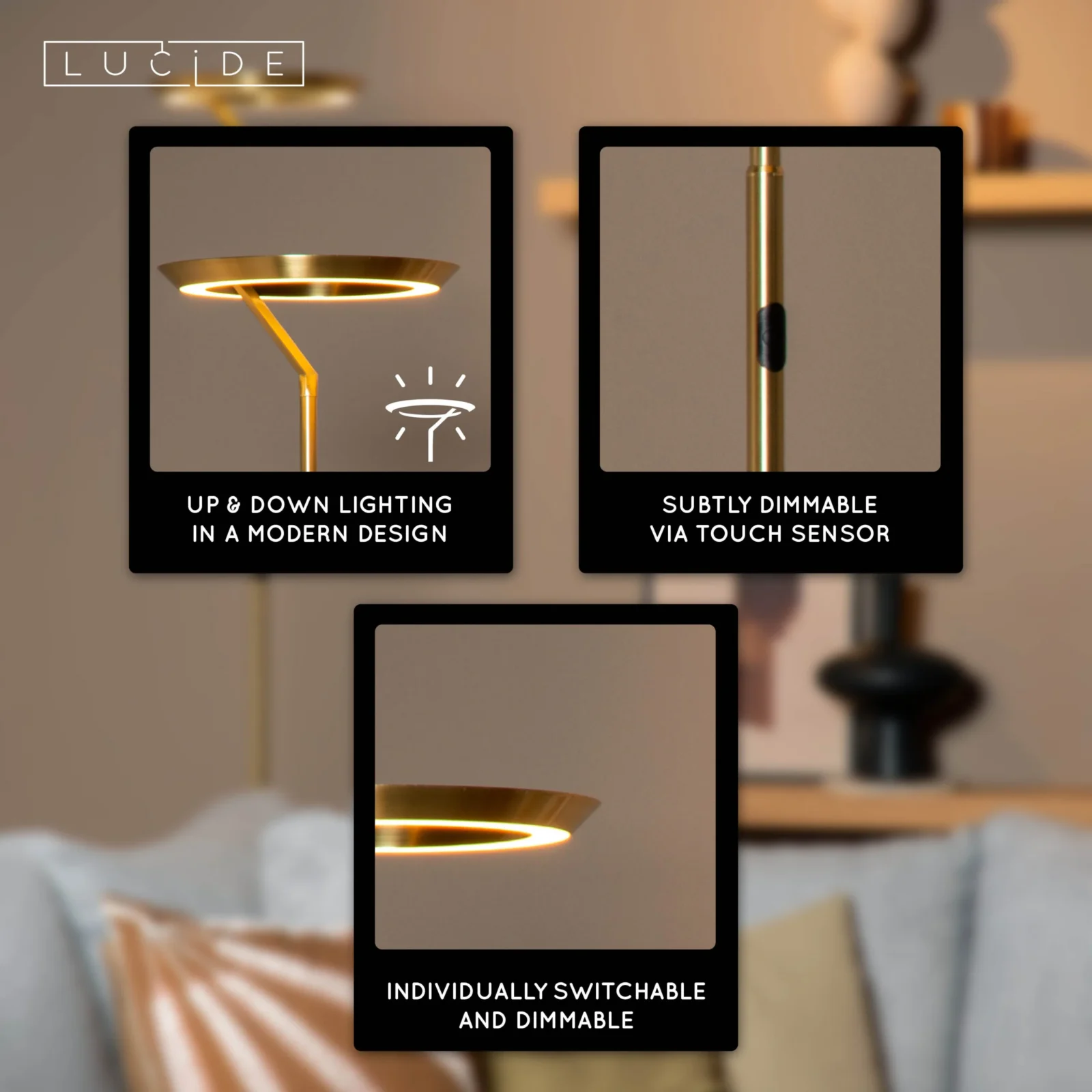 Lucide CELESTE - Stojacia lampa - u00d8 28 cm - LED tlmenu00e1 - 1x21W 2700K - matnu00e1 zlatu00e1 / mosadznu00e1