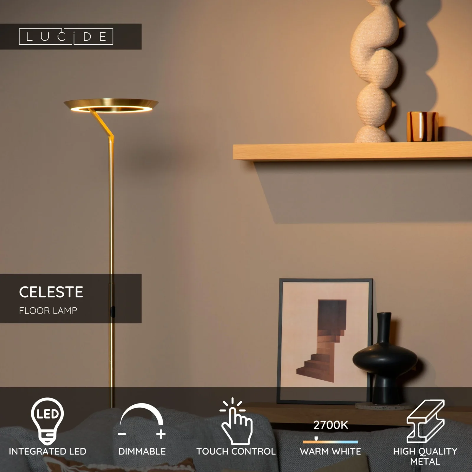 Lucide CELESTE - Stojacia lampa - u00d8 28 cm - LED tlmenu00e1 - 1x21W 2700K - matnu00e1 zlatu00e1 / mosadznu00e1