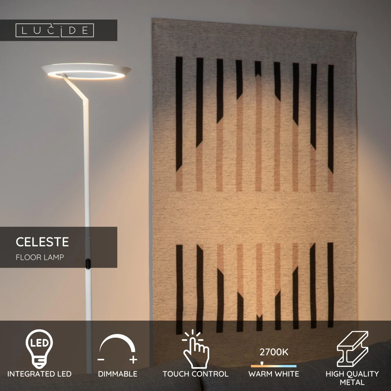 Lucide CELESTE - Stojacia lampa - u00d8 28 cm - LED tlmenu00e1 - 1x21W 2700K - biela