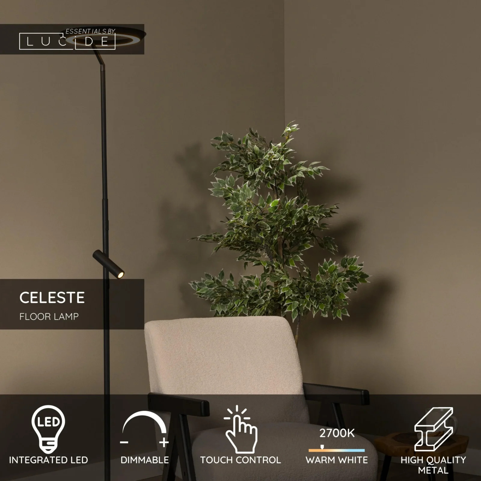 Lucide CELESTE - Stojaca lampa - u00d8 28 cm - LED tlmenu00e1 - 2700K - u010dierna | Essential