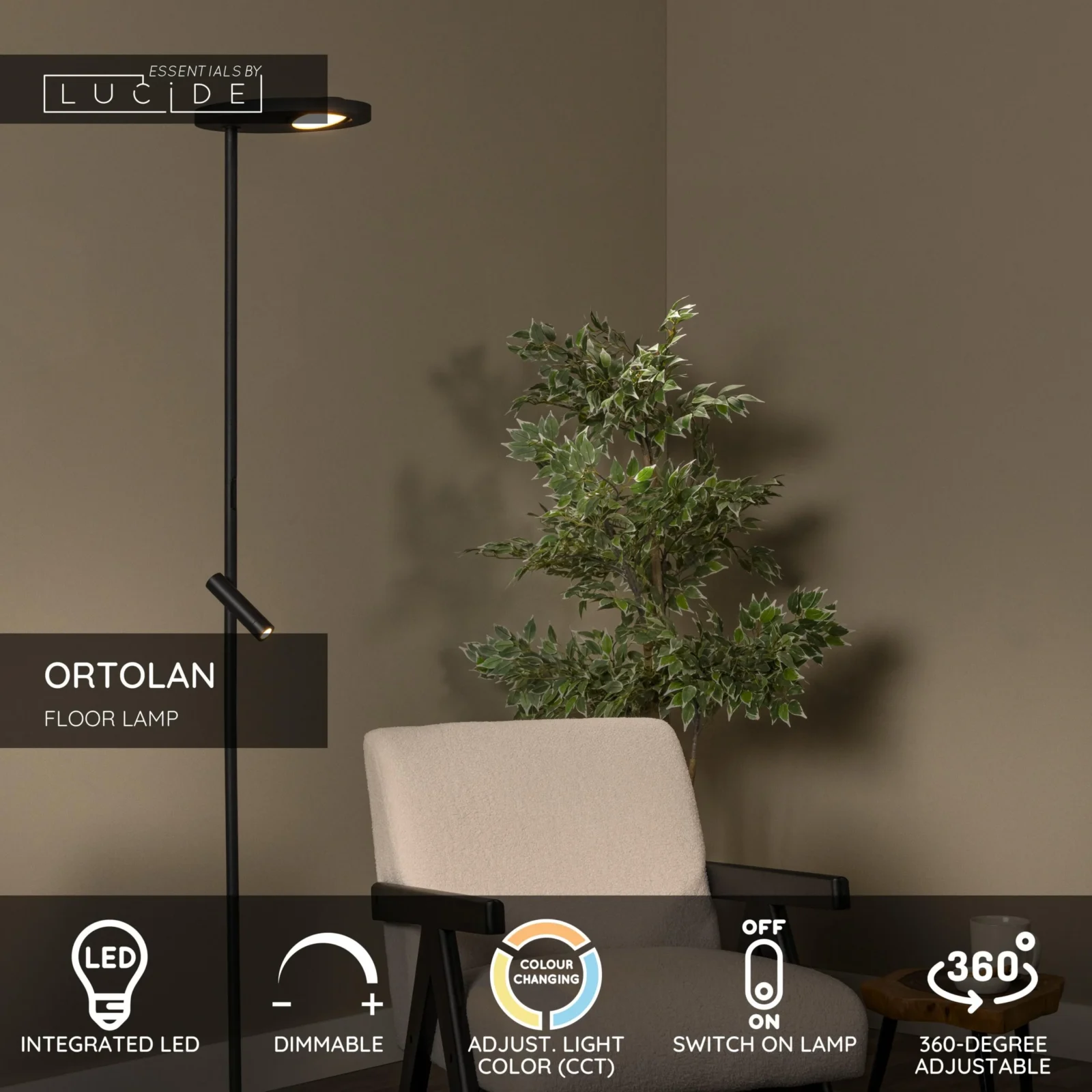 Lucide ORTOLAN - Stojaca lampa - LED tlmenu00e1 - CCT - 2700K/4000K - u010dierna | Essential