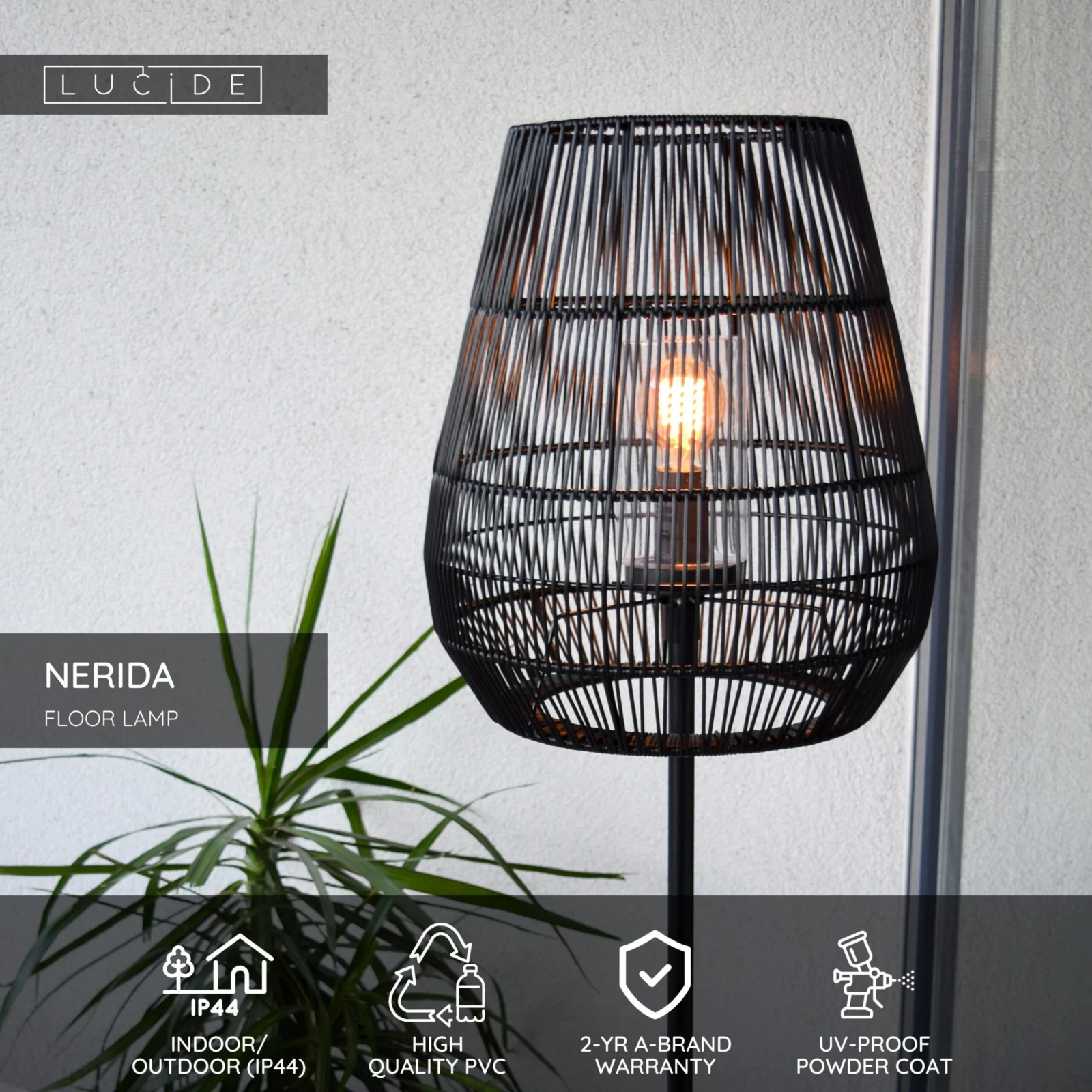 Lucide NERIDA - Stojaca lampa vnu00fatornu00e1/vonkaju0161ia - u00d8 35 cm - 1xE27 - IP44 - u010dierna