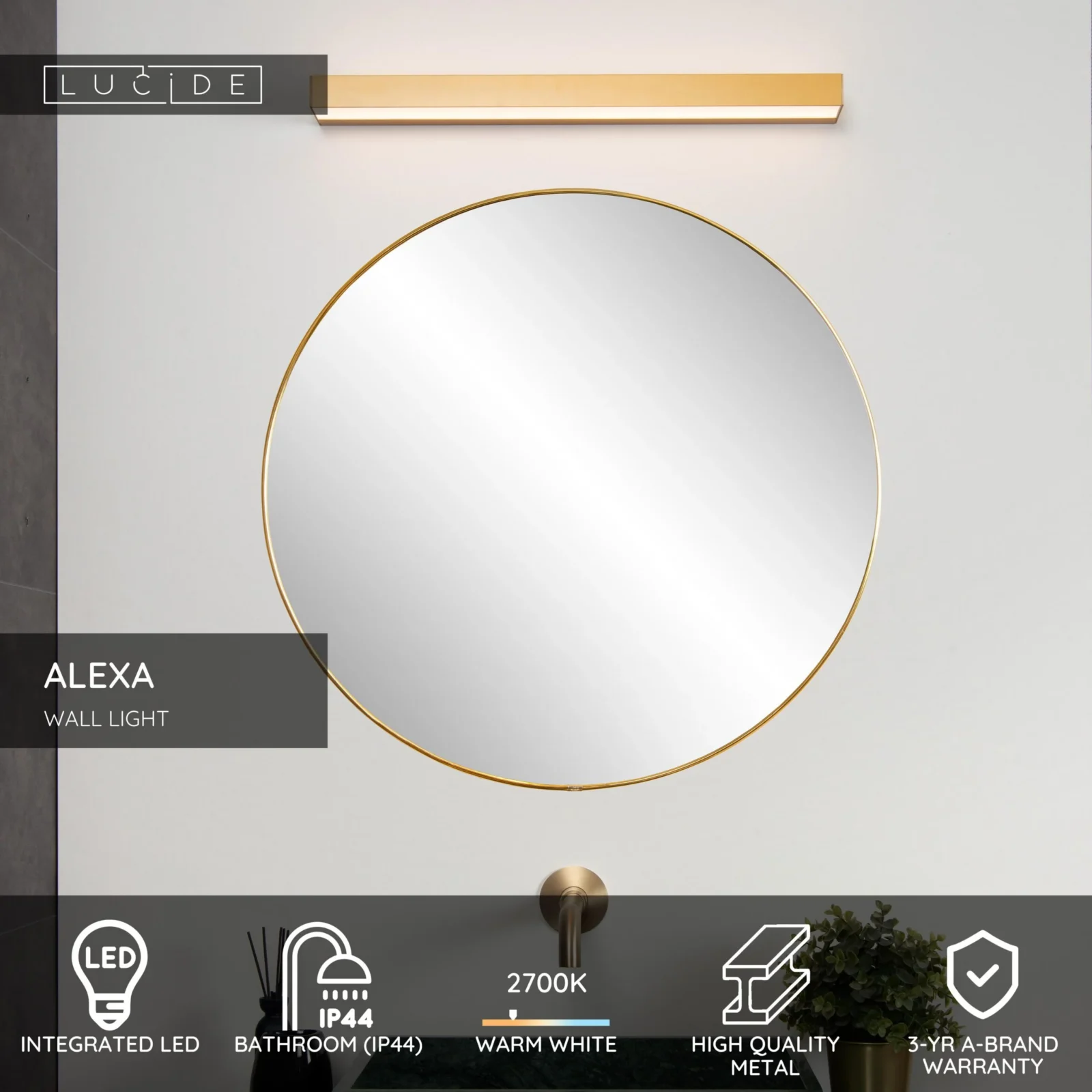 Lucide ALEXA - Nu00e1stennu00e9 svetlo Ku00fapeu013eu0148a - LED - 1x8W 2700K - IP44 - Matt Gold / Mosadz