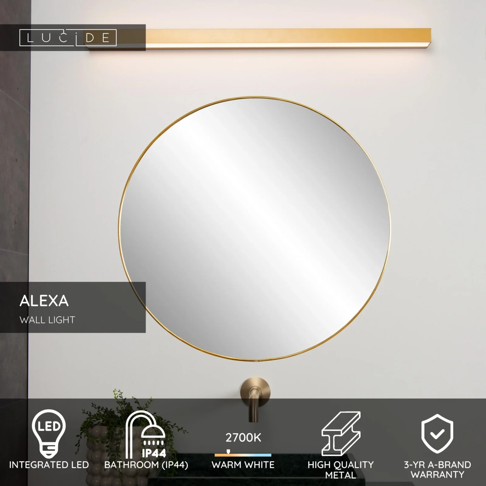 Lucide ALEXA - Nu00e1stennu00e9 svetlo Ku00fapeu013eu0148a - LED - 1x13W 2700K - IP44 - Matt Gold / Mosadz