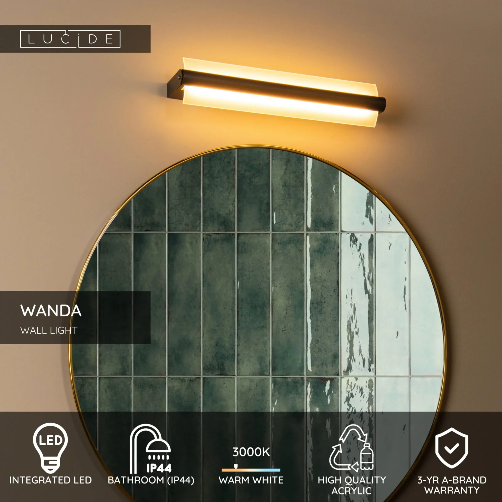 Lucide WANDA - Nu00e1stennu00e9 svetlo Ku00fapeu013eu0148a - LED - 1x15W 3000K - IP44 - u010dierna