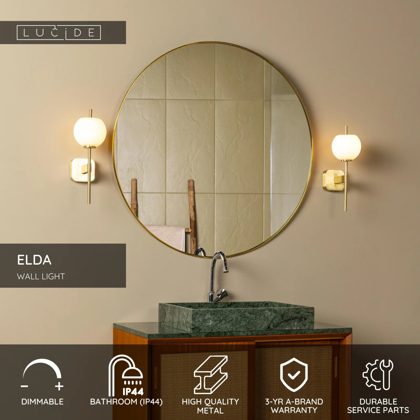 Lucide ELDA - Nu00e1stennu00e9 svetlo Ku00fapeu013eu0148a - 1xG9 - IP44 - Matt Gold / Mosadz