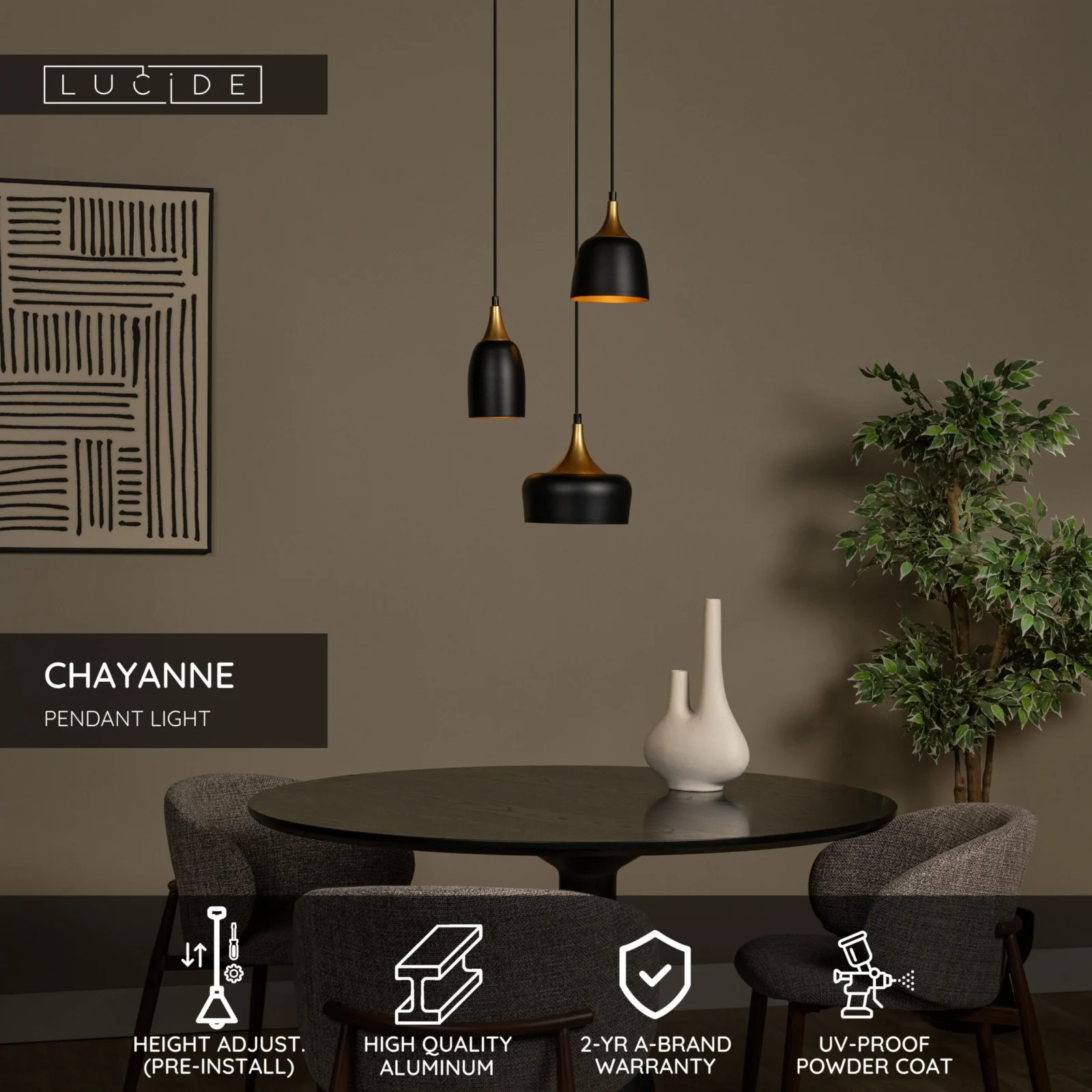 Lucide CHAYANNE - Zu00e1vesnu00e9 svetlo - u00d8 30 cm - 3xE14 - u010dierne