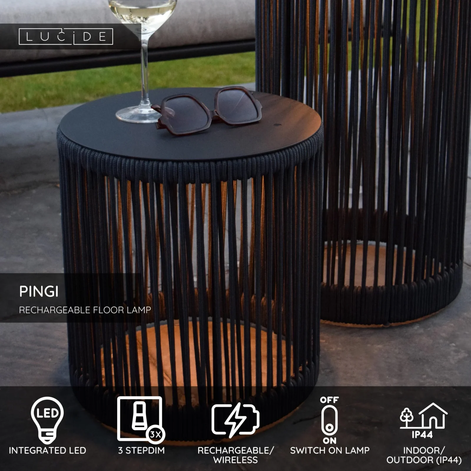 Lucide PINGI - Nabu00edjateu013enu00e1 stojacia lampa do interiu00e9ru/exteriu00e9ru - batu00e9riovu00fd balu00edk - 33,5 cm - LED 3 StepDim - 1x3W 3000K - IP44 - u010dierna
