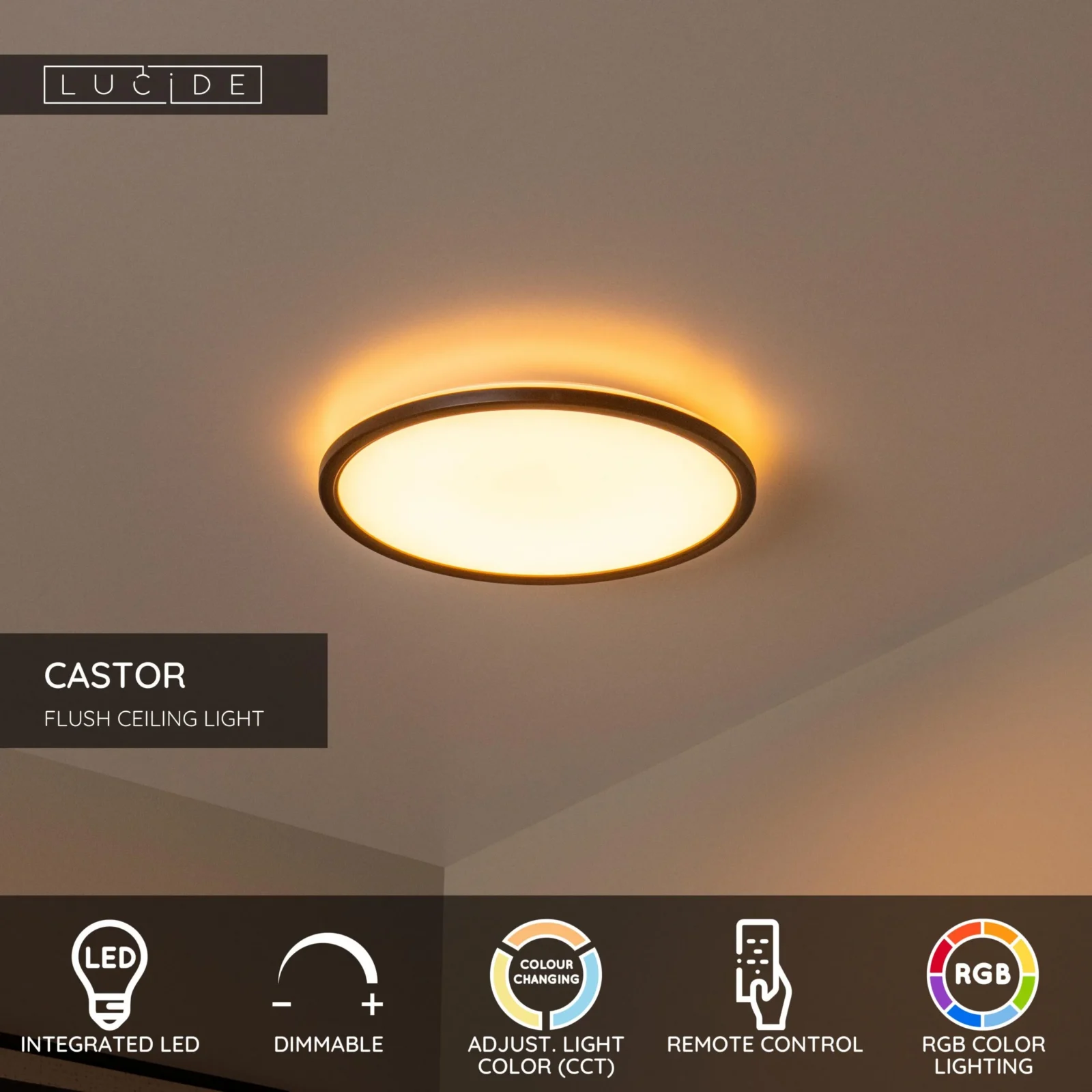 Lucide CASTOR - Zapustenu00e9 stropnu00e9 svetlo - u00d8 32 cm - LED stmenu00e9. - CCT - 1x20W 2700K/6500K - Rgb - Opu00e1l