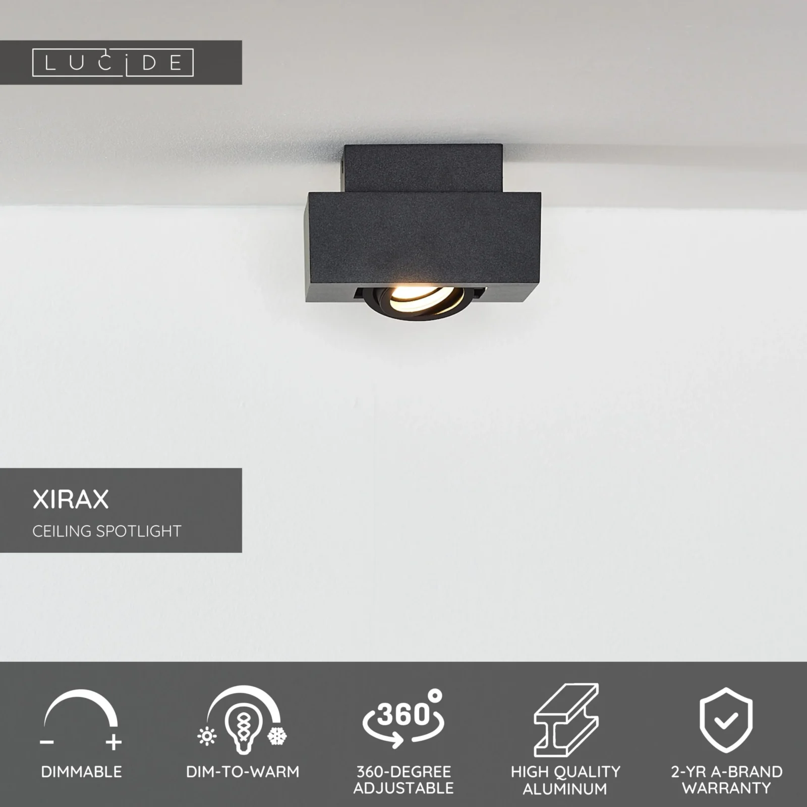 Lucide XIRAX - Stropnu00e9 reflektor - LED Tlmenu00e9 po teplu00e9 - GU10 - 1x5W 2200K/3000K - u010dierne