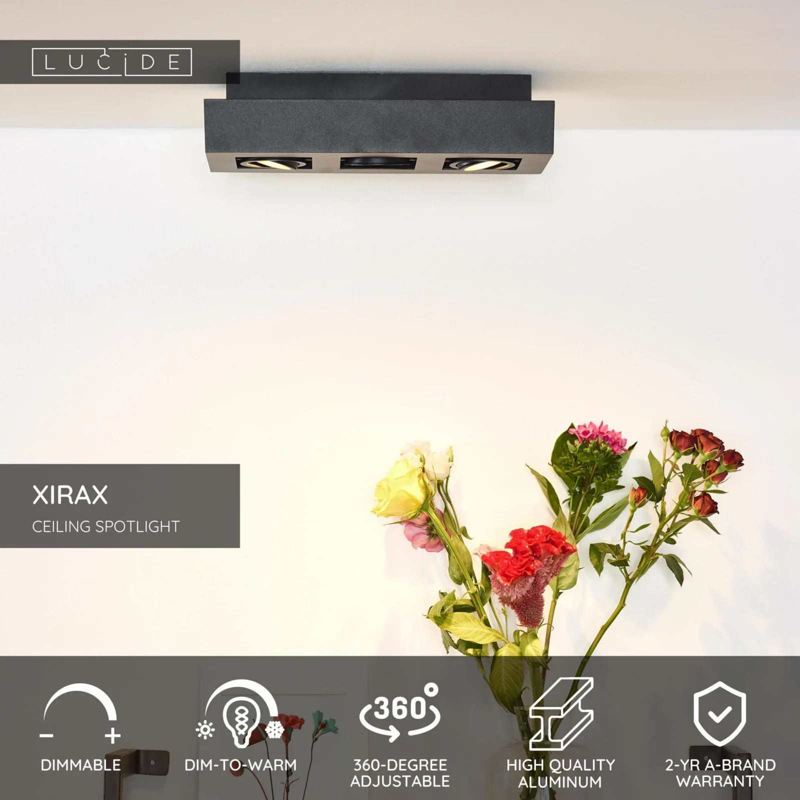 Lucide XIRAX - Stropnu00e9 reflektory - LED Slabu00e9 na teplu00e9 - GU10 - 3x5W 2200K/3000K - u010dierna