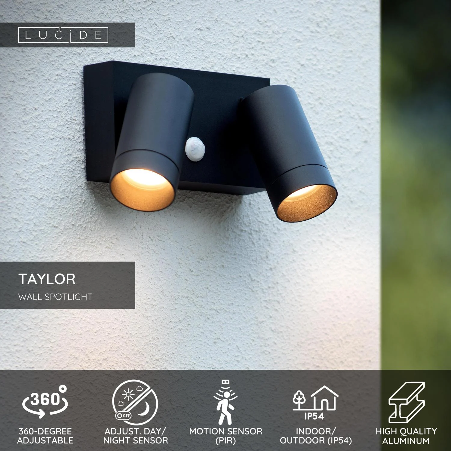 Lucide TAYLOR - Nu00e1stennu00e9 reflektor / Nu00e1stennu00e9 svetlo Vnu00fatornu00e9/Vonkaju0161ie - 2xGU10 - IP54 - Pohybovu00fd senzor - u010dierny