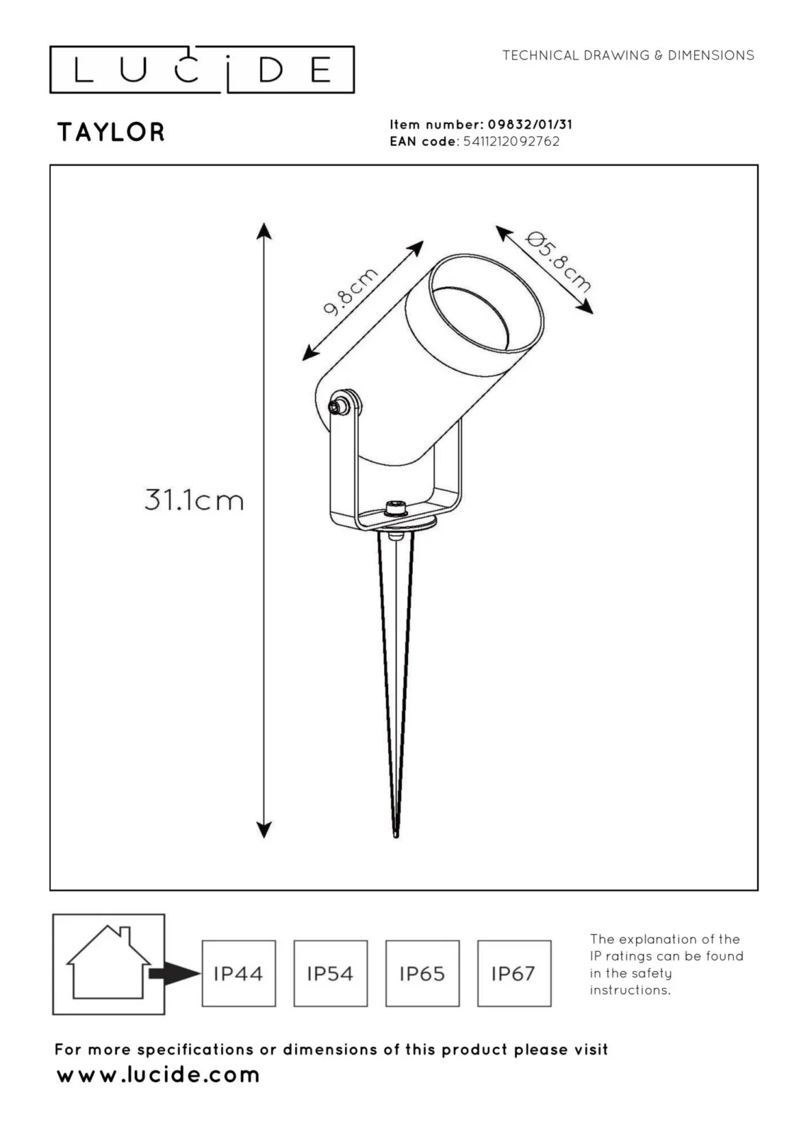 Lucide TAYLOR - Zu00e1hradnu00fd reflektor - u00d8 10 cm - 1xGU10 - IP65 - biela