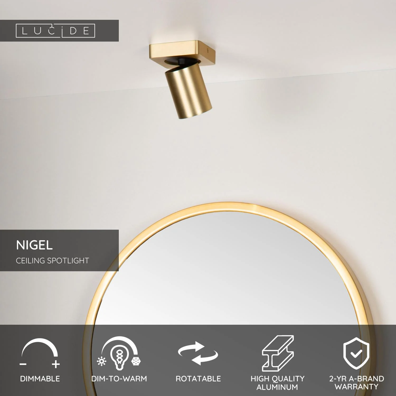Lucide NIGEL - Stropnu00e9 reflektory - LED Slabu00e9 na teplu00e9 - GU10 - 1x5W 2200K/3000K - Matt Gold / Brass