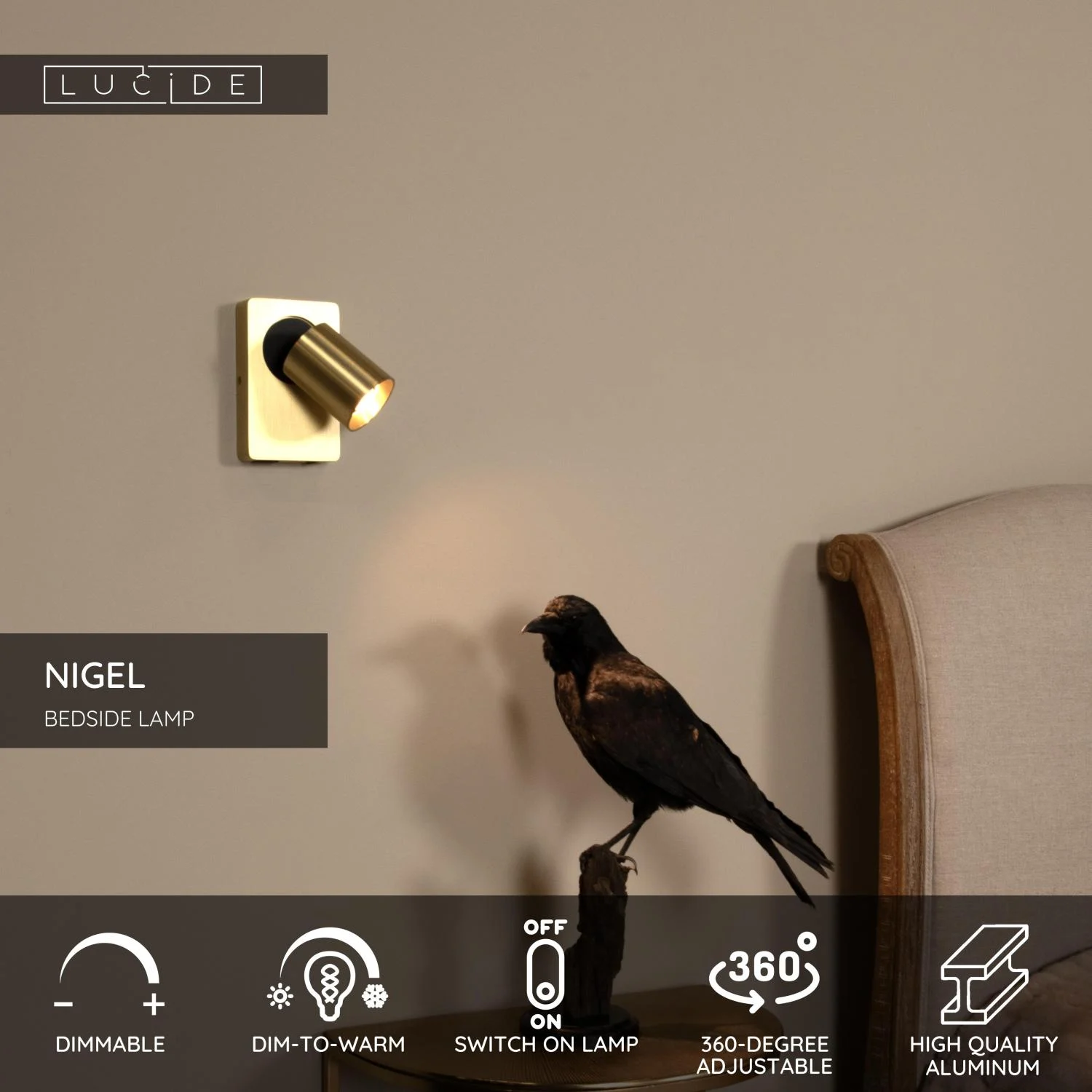Lucide NIGEL - Lampa pri posteli / nu00e1stennu00e9 svetlo - LED tlmenu00e9 po teplu00e9 - GU10 - 1x5W 2200K/3000K - s USB nabu00edjacu00edm bodom - Matt Gold / Brass