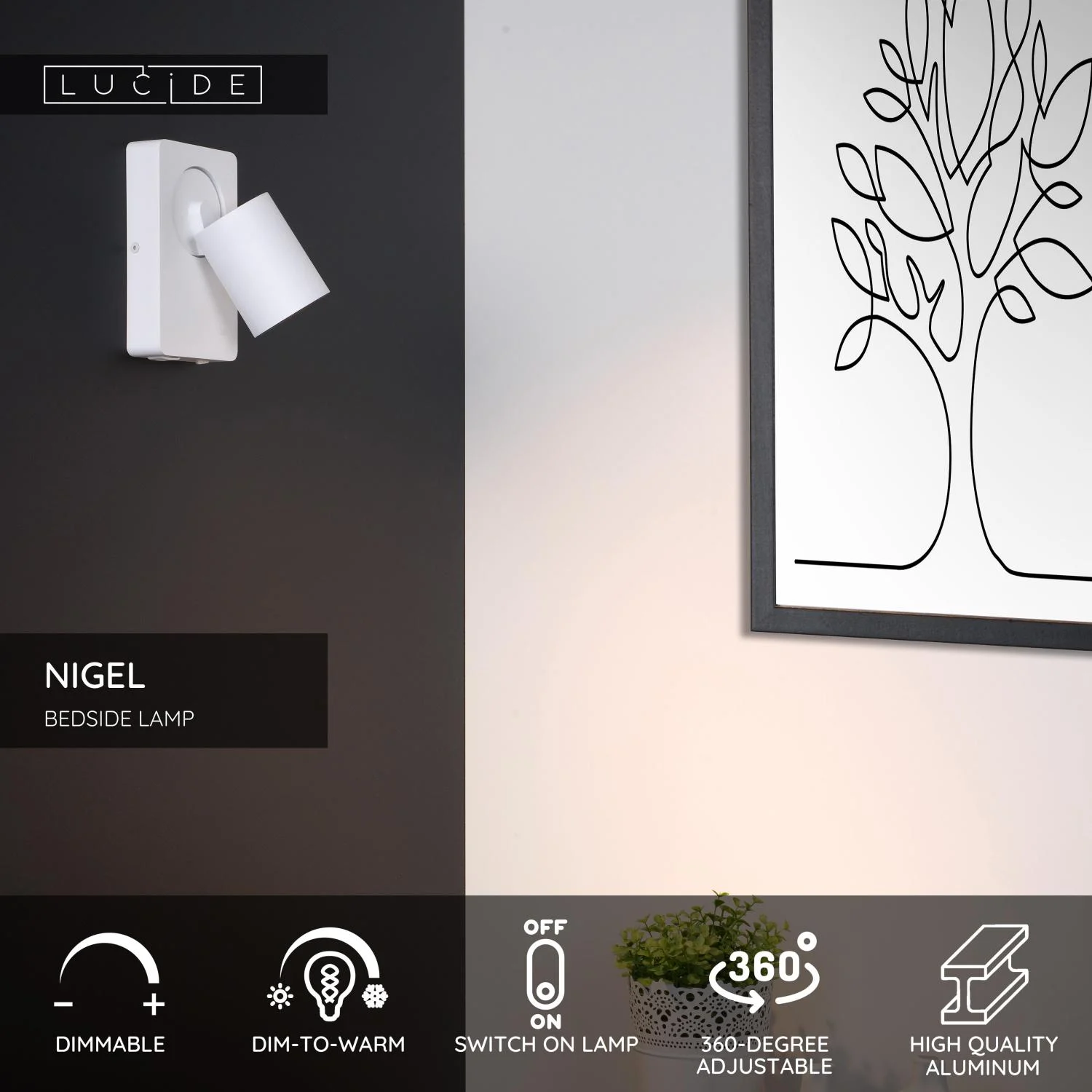 Lucide NIGEL - Lampa pri posteli / nu00e1stennu00e9 svetlo - LED Slabu00e9 po teplu00e9 - GU10 - 1x5W 2200K/3000K - S USB nabu00edjacu00edm bodom - biela
