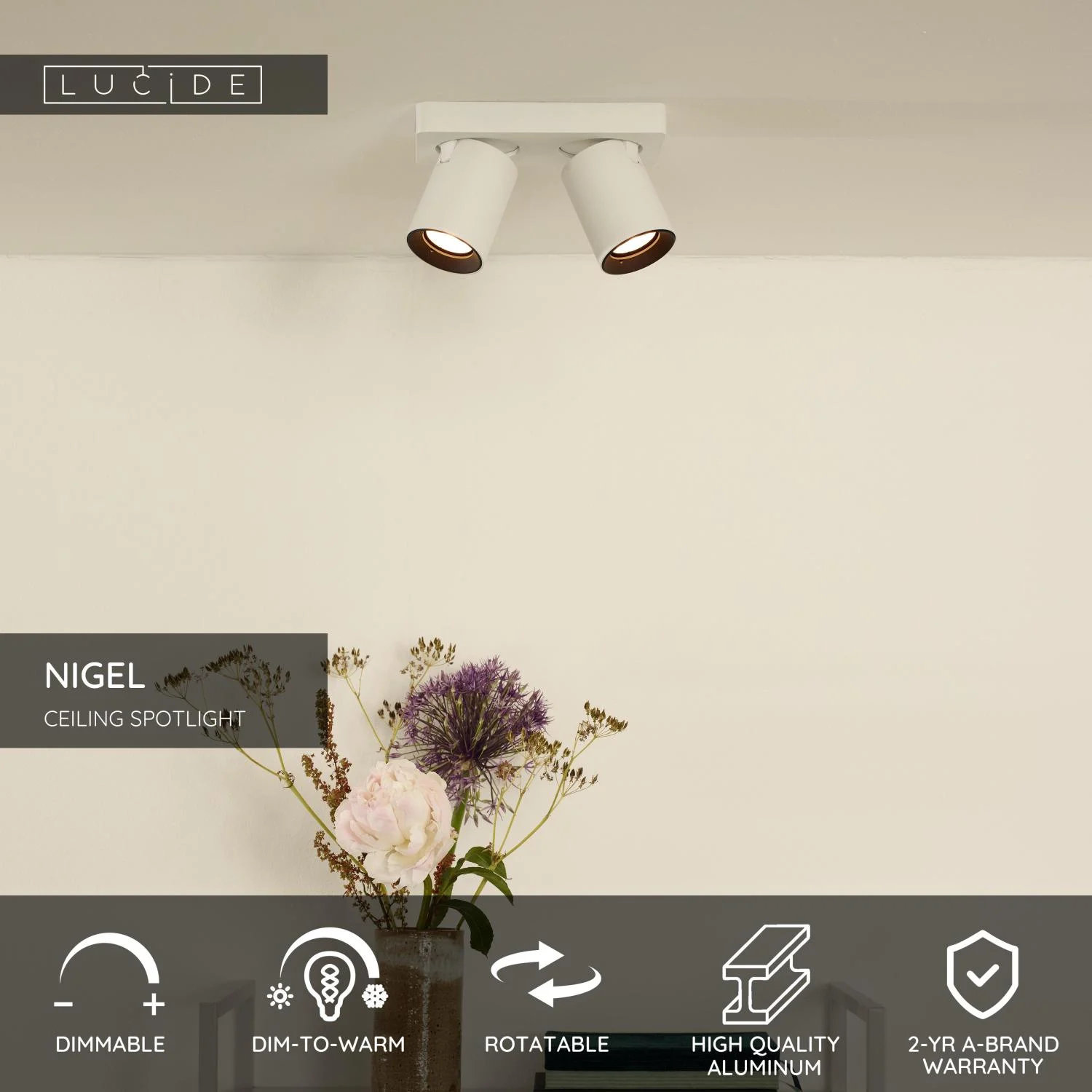 Lucide NIGEL - Stropnu00e9 reflektory - LED Slabu00e9 po teplu00e9 - GU10 - 2x5W 2200K/3000K - biela