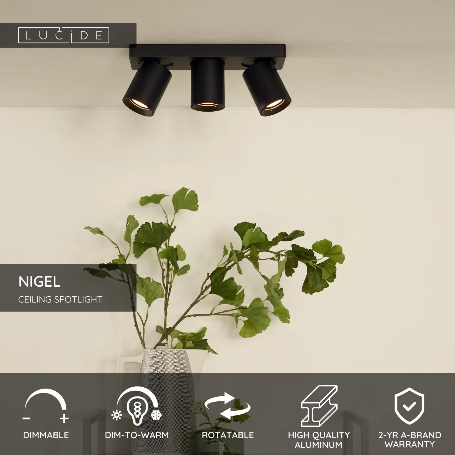 Lucide NIGEL - Stropnu00e9 reflektory - LED tlmenu00e9 po teplu00e9 - GU10 - 3x5W 2200K/3000K - u010dierna
