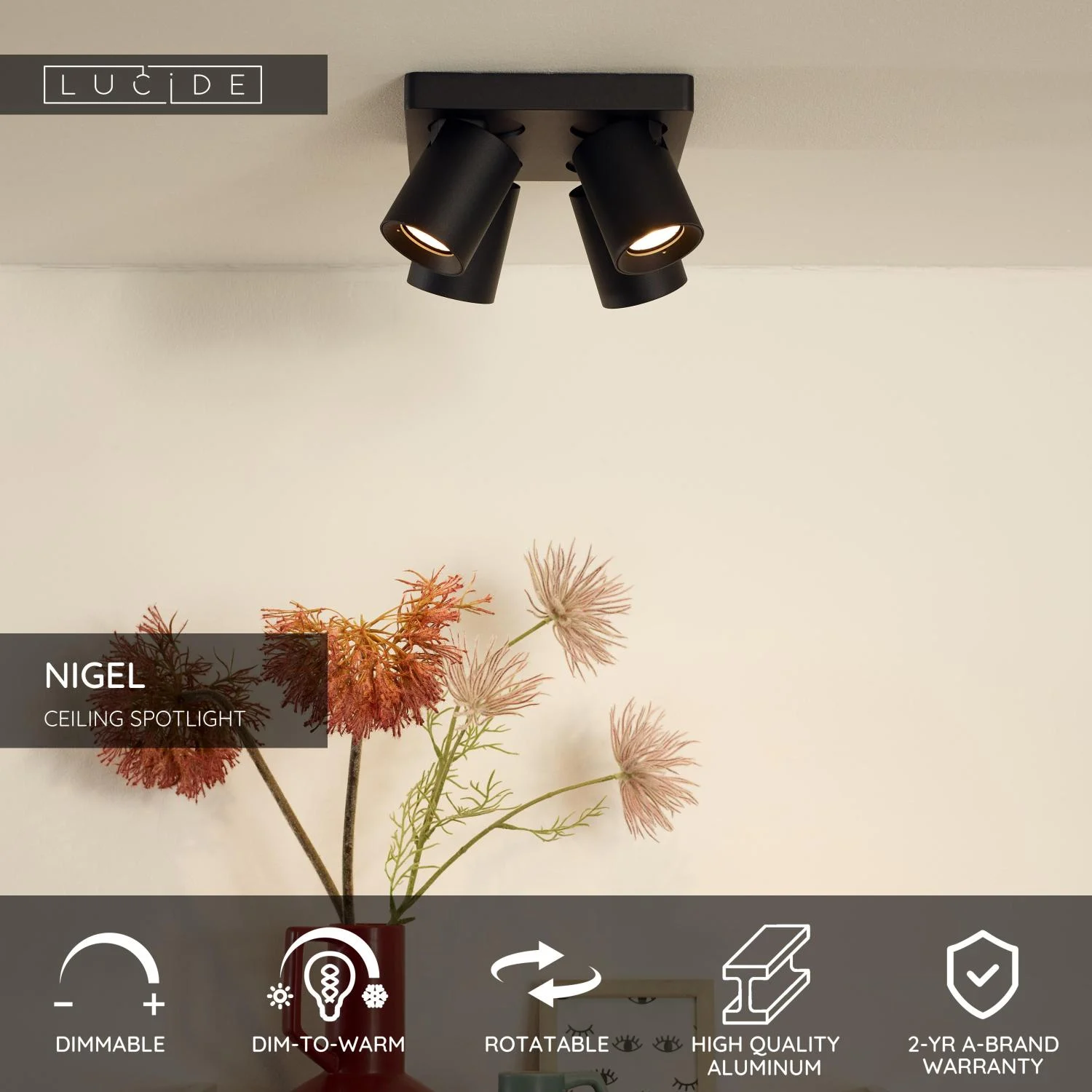 Lucide NIGEL - Stropnu00e9 reflektory - LED Slabu00e9 na teplu00e9 - GU10 - 4x5W 2200K/3000K - u010dierna