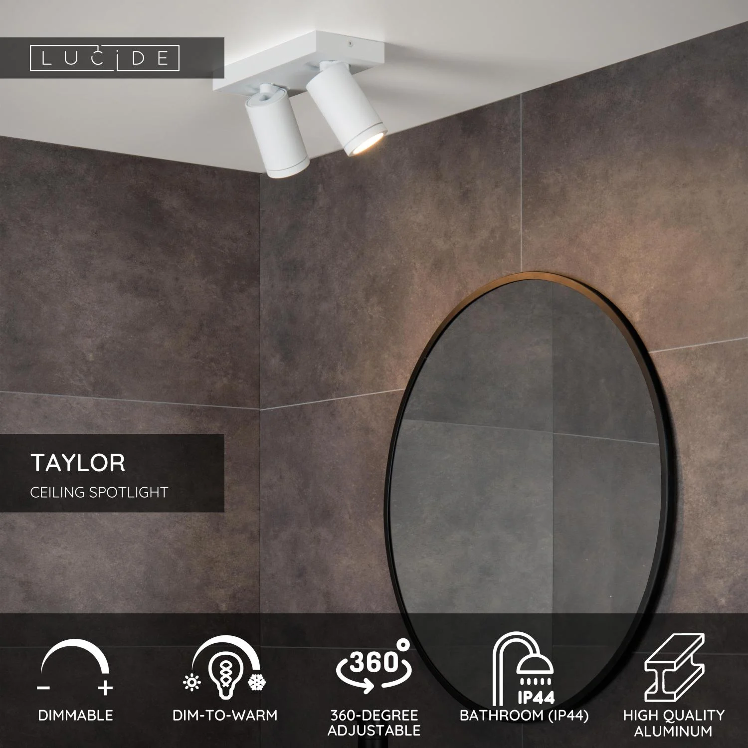 Lucide TAYLOR - Stropnu00e9 reflektory Ku00fapeu013eu0148a - LED tlmenu00e9 po teplu00e9 - GU10 - 2x5W 2200K/3000K - IP44 - biela