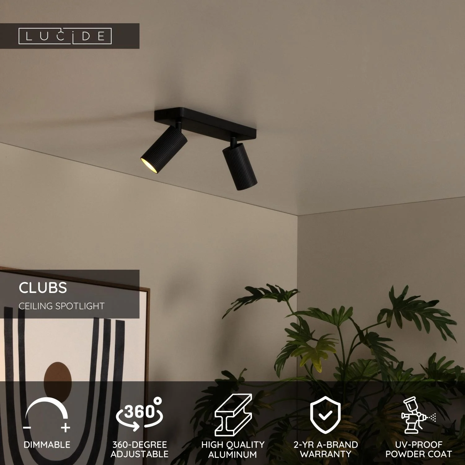 Lucide CLUBS - Stropnu00e9 reflektory - 2xGU10 - u010cierne