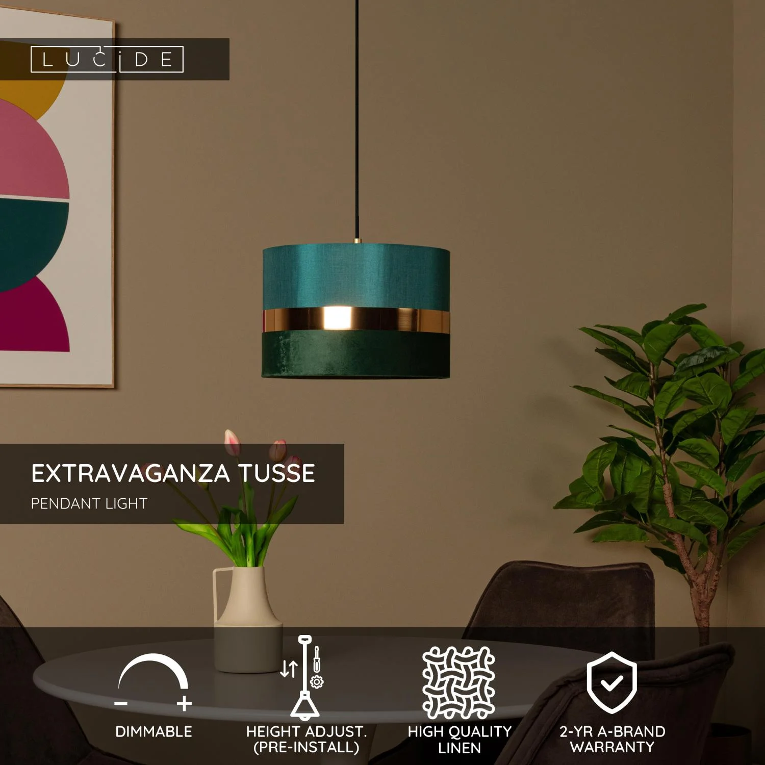 Lucide EXTRAVAGANZA TUSSE - Zu00e1vesnu00e9 svietidlo - u00d8 30 cm - 1xE27 - Zelenu00e1