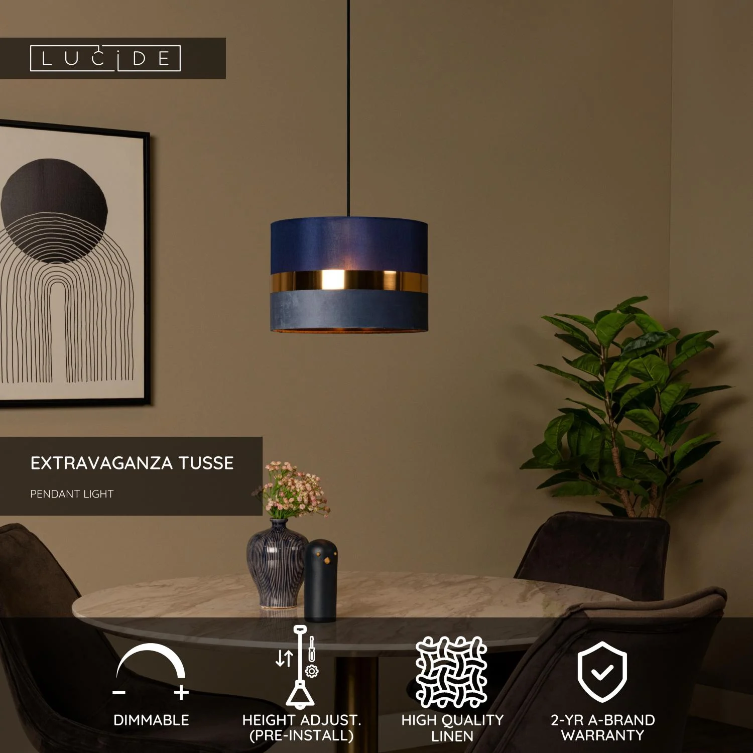 Lucide EXTRAVAGANZA TUSSE - Zu00e1vesnu00e9 svietidlo - u00d8 30 cm - 1xE27 - Modru00e9