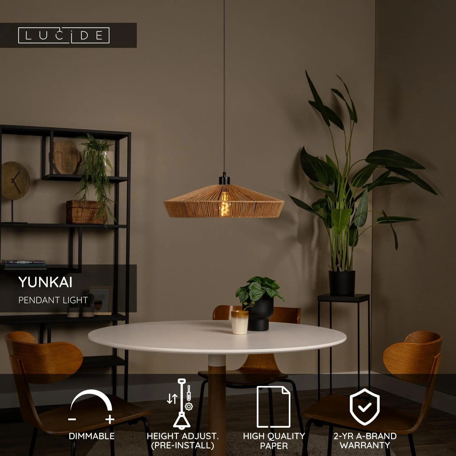 Lucide YUNKAI - Zu00e1vesnu00e9 svietidlo - u00d8 50 cm - 1xE27 - Pru00edrodnu00e9