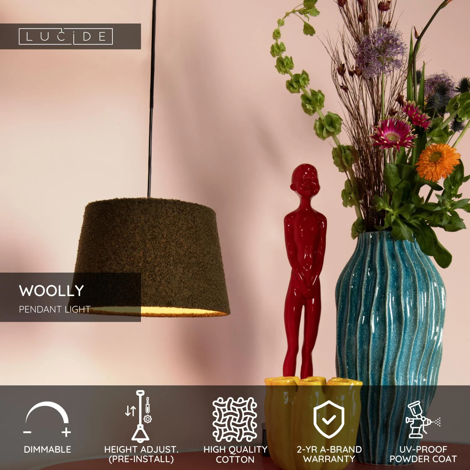 Lucide WOOLLY - Zu00e1vesnu00e9 svietidlo - u00d8 28 cm - 1xE27 - Zelenu00e9