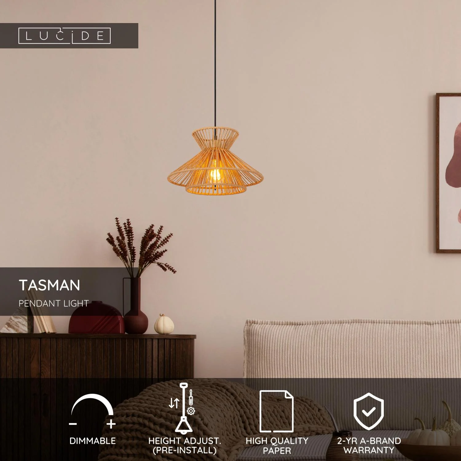 Lucide TASMAN - Zu00e1vesnu00e9 svietidlo - 1xE27 - Pru00edrodnu00e9