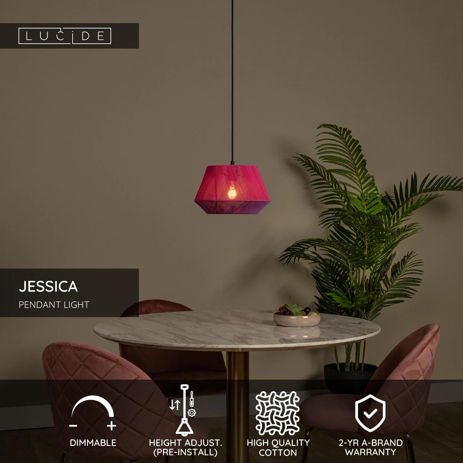 Lucide JESSICA - Zu00e1vesnu00e9 svietidlo - u00d8 30 cm - 1xE27 - Ruu017eovu00e9