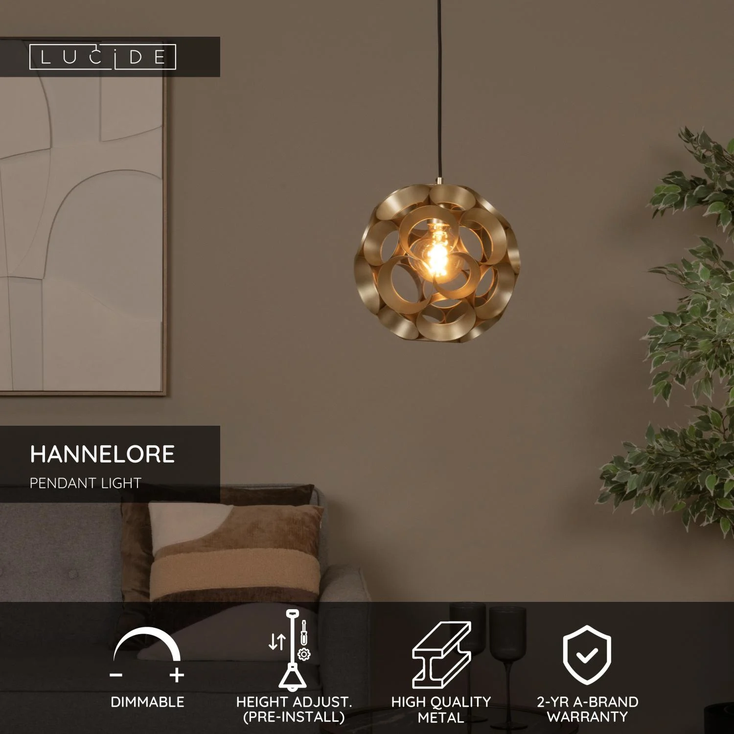 Lucide HANNELORE - Zu00e1vesnu00e9 svetlo - u00d8 30 cm - 1xE27 - Matt Gold / Brass