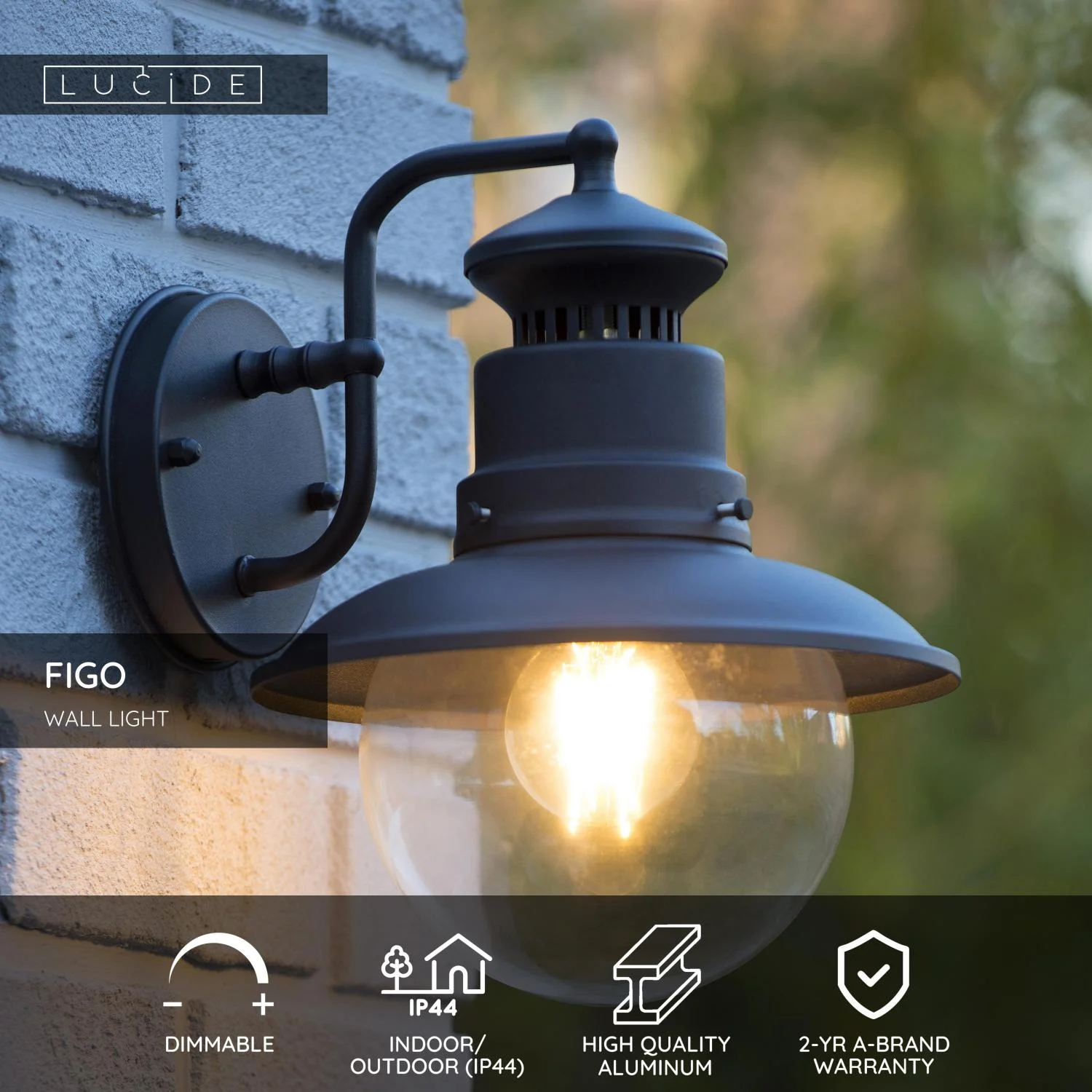 Lucide FIGO - Nu00e1stennu00e9 svetlo vnu00fatornu00e9/vonkaju0161ie - u00d8 21,5 cm - 1xE27 - IP44 - u010dierne