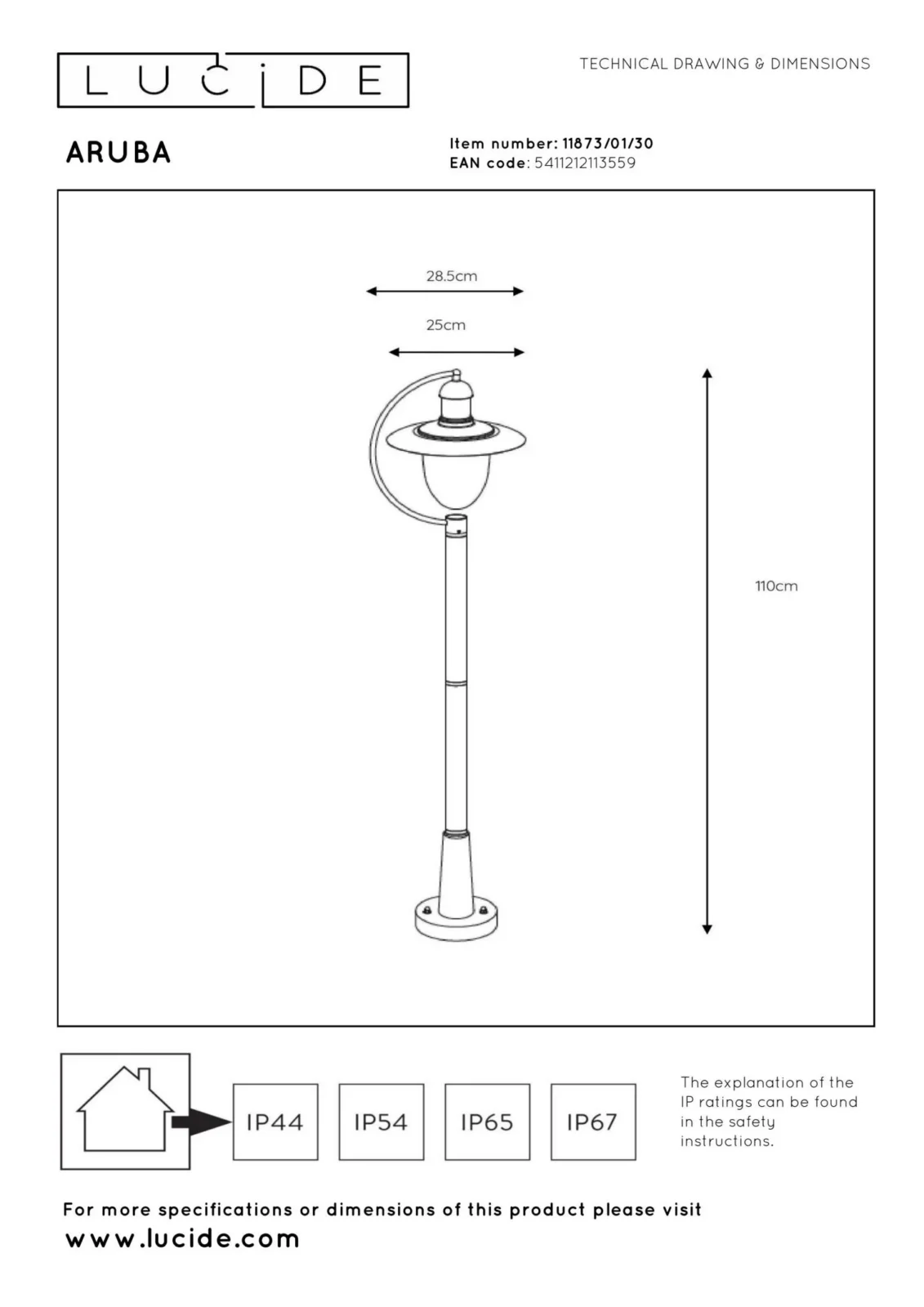 Lucide ARUBA - Lampovu00fd stu013ap - u00d8 25 cm - 1xE27 - IP44 - u010dierny