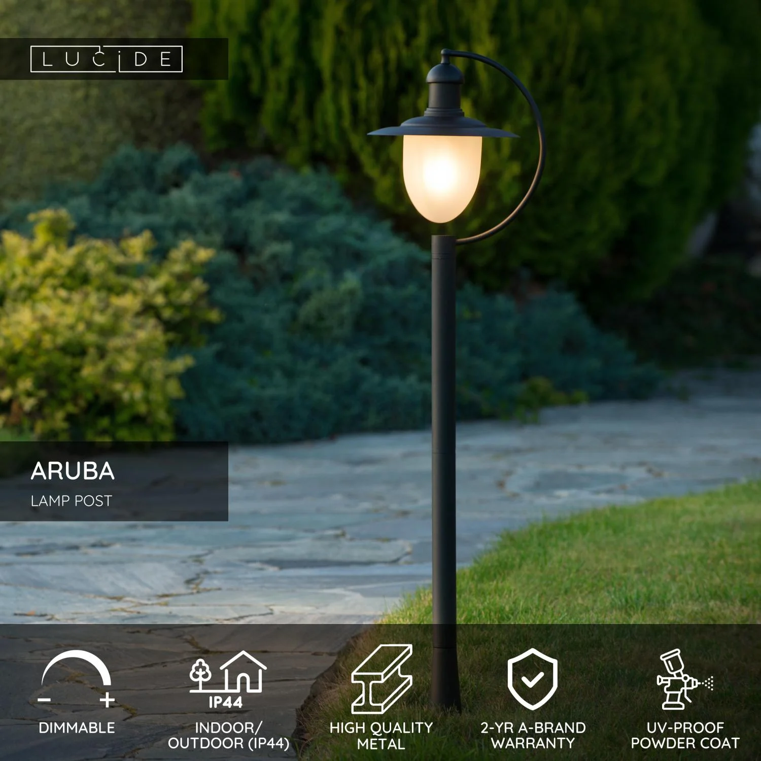 Lucide ARUBA - Lampovu00fd stu013ap - u00d8 25 cm - 1xE27 - IP44 - u010dierny