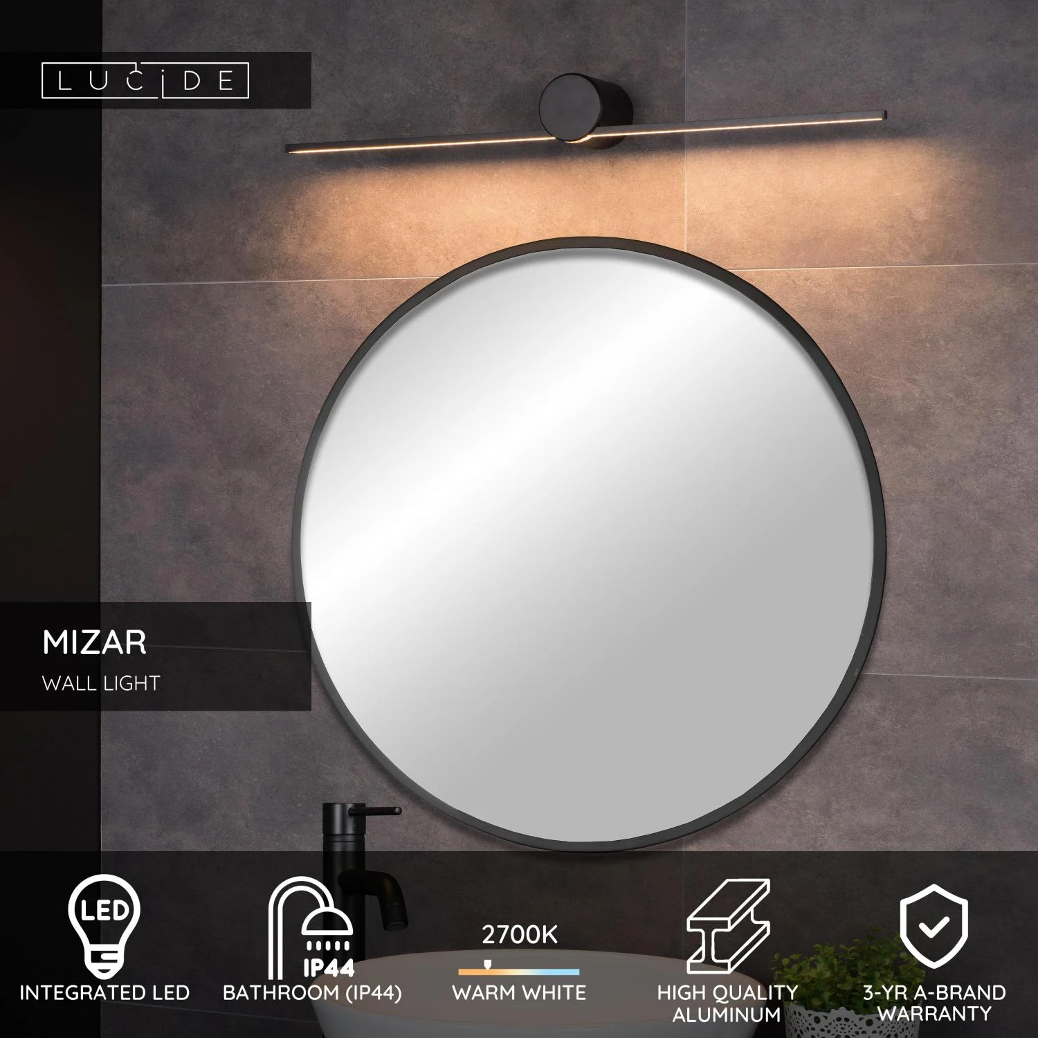 Lucide MIZAR - Nu00e1stennu00e9 svetlo v ku00fapeu013eni - LED - 1x6W 2700K - IP44 - u010dierna