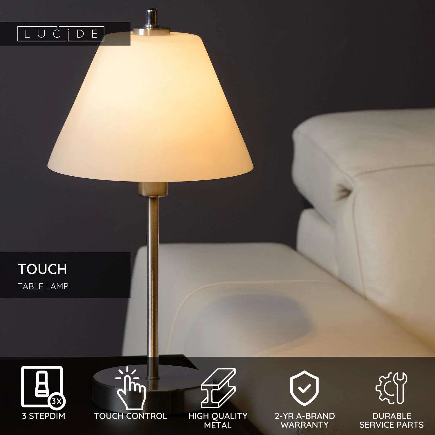 Lucide TOUCH - Stolnu00e1 lampa - u00d8 22 cm - 1xE14 - Satu00e9novu00fd chru00f3m