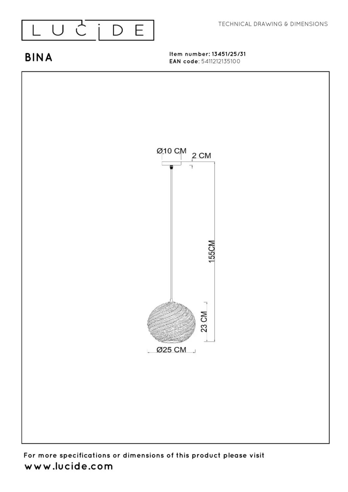 Lucide BINA - Zu00e1vesnu00e9 svetlo - u00d8 25 cm - 1xE27 - biela