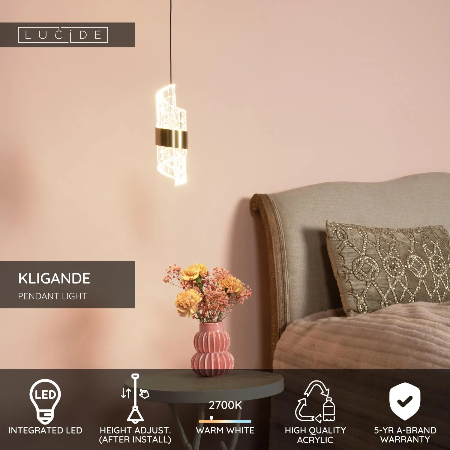 Lucide KLIGANDE - Zu00e1vesnu00e9 svetlo - u00d8 13 cm - LED - 1x9W 2700K - Matt Gold / Brass