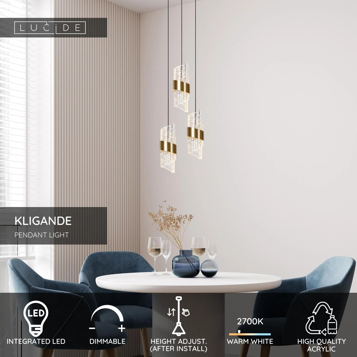 Lucide KLIGANDE - Zu00e1vesnu00e9 svetlo - u00d8 25 cm - LED tlmenu00e9. - 3x8W 2700K - matnu00e9 zlato / mosadz