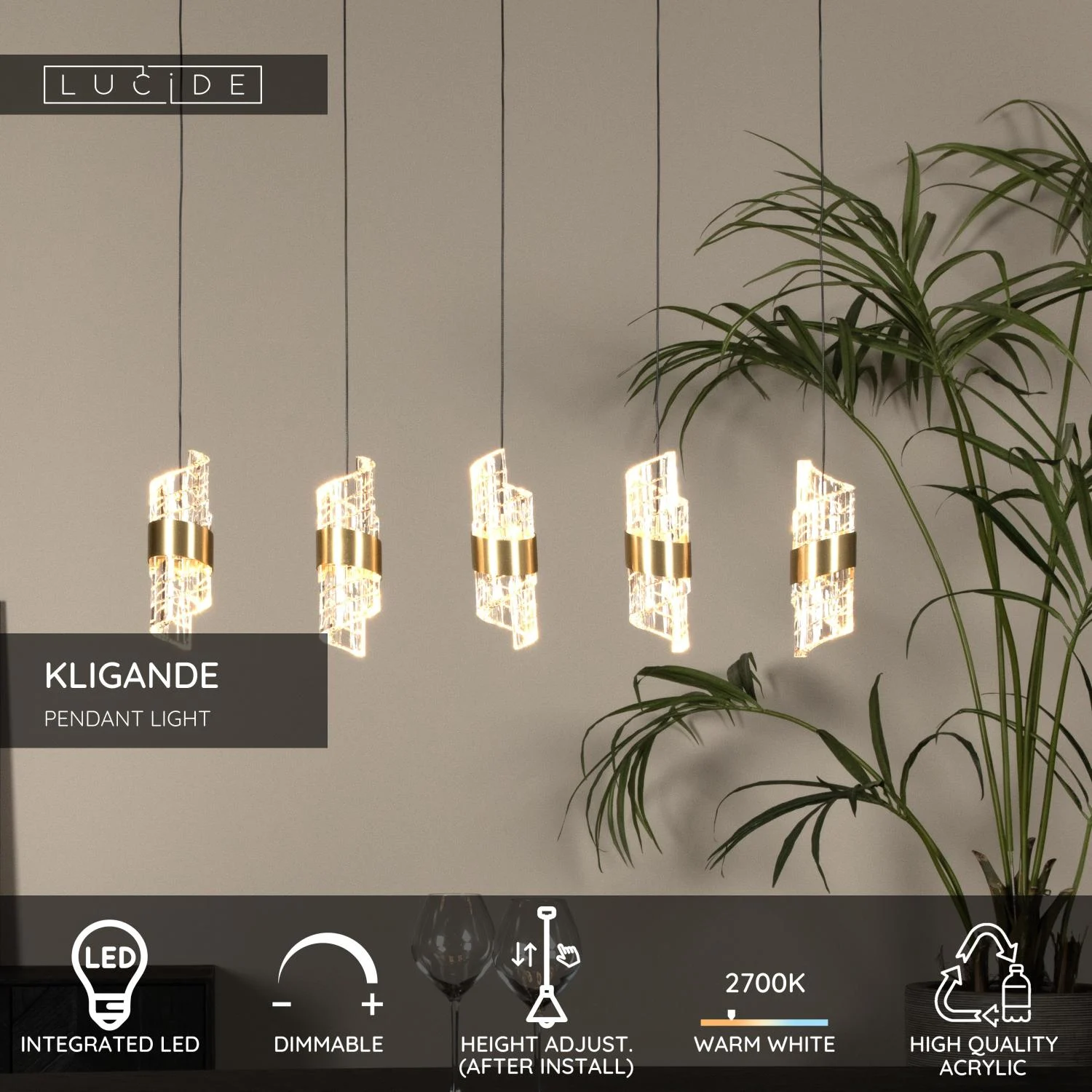Lucide KLIGANDE - zu00e1vesnu00e9 svetlo - LED tlmenu00e9. - 5x7,8W 2700K - matnu00e9 zlato / mosadz