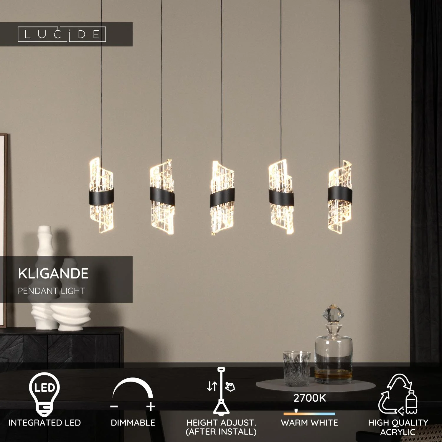 Lucide KLIGANDE - zu00e1vesnu00e9 svetlo - LED tlmenu00e9. - 5x7,8W 2700K - u010dierne