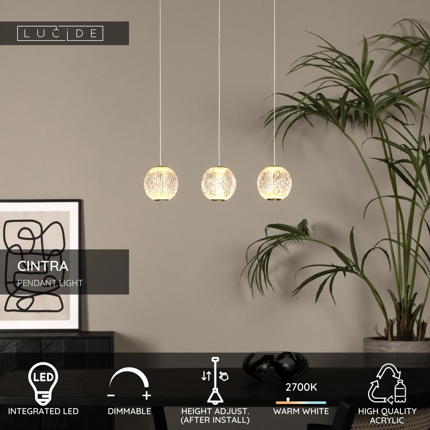 Lucide CINTRA - zu00e1vesnu00e9 svetlo - LED tlmenu00e9. - 3x4,7W 2700K - priehu013eadnu00e9 svetlo